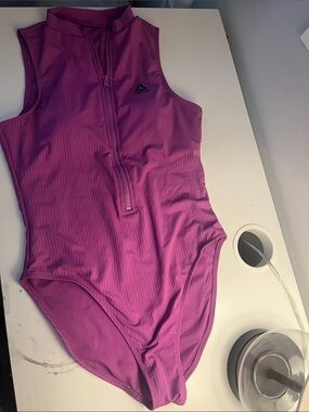 Reebok Women’s Magenta Ribbed Zip-Front One-Piece Swimsuit